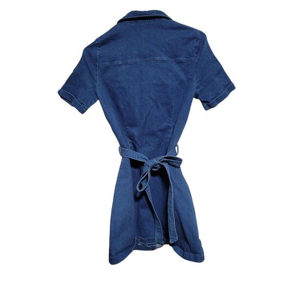 Sugar Lips Denim Mini Dress Womens Size XS Dark Wash Bodycon Button Front Belt - Picture 4 of 6